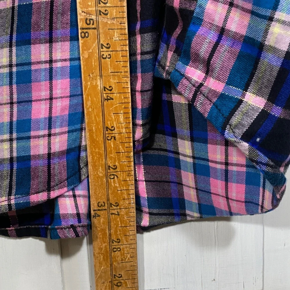 Victorias Secret Pajama Set XL Pink Blue Plaid Lurex Shimmer Shorts Shirt 2pc
